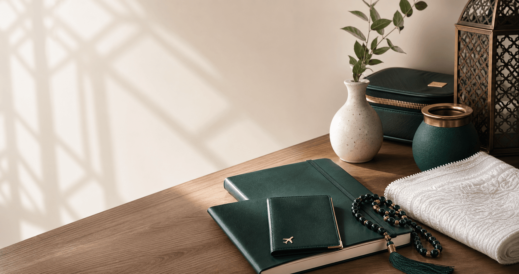 Premium pilgrimage preparation materials with a notebook, travel wallet and folded cloth
